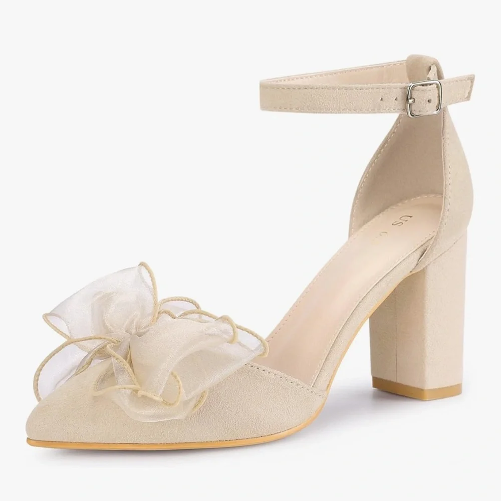 Allegra K Cream Block Heel Shoes with Sheer Bow
